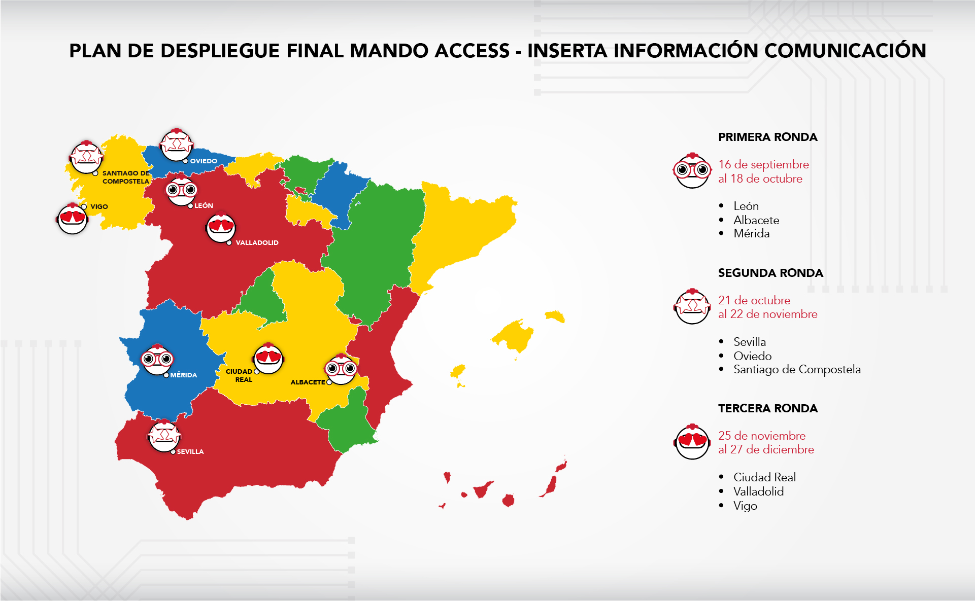 mapa con las nuevas ciudades y las correspondientes fechas