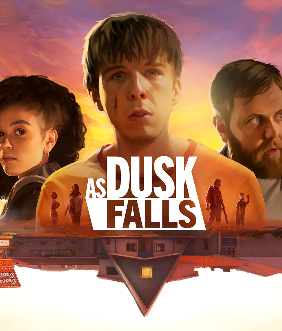 Carátula del videojuego As Dusk Falls, que muestra a los tres protagonistas y recrea artísticamente alguna escena que tiene lugar en dicho juego.