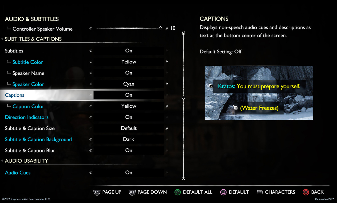 Interfaz en inglés del videojuego con el menu de accesibilidad y la medida subtitulos