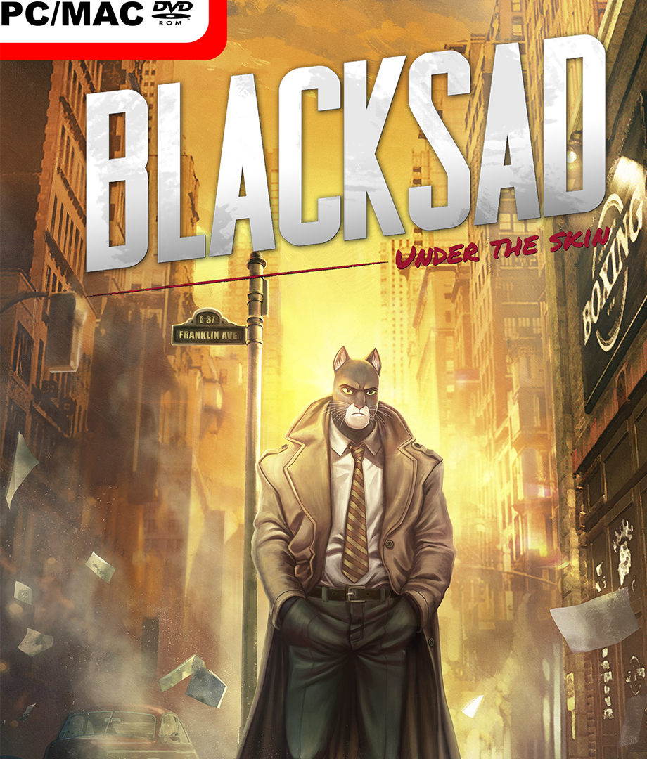 Carátula del videojuego Blacksad: Under the Skin de la compañía Pendulo Studios, que muestra a su protagonista caminando con gesto adusto por una calle amenazante, polvorienta y misteriosa.