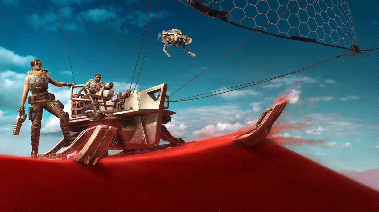 Protagonistas sobre una montura navegando por un desierto rojo