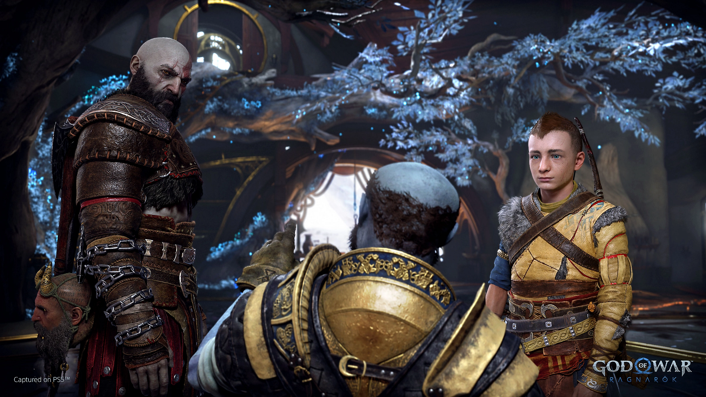 Kratos, Atreus y Brok en una escena del videojuego