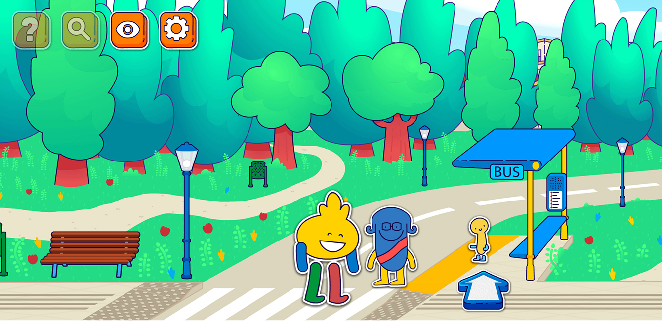 Captura de pantalla del videojuego ONCITY, que muestra algunos de los simpáticos personajes del juego en las inmediaciones de un bosque con una parada de autobús cercana.