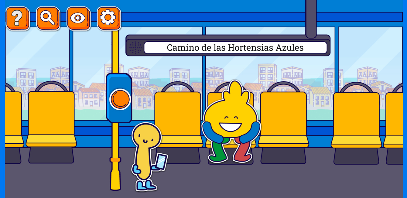 Captura de pantalla del videojuego ONCITY, que muestra algunos de los simpáticos personajes del juego en el interior de un autobús.