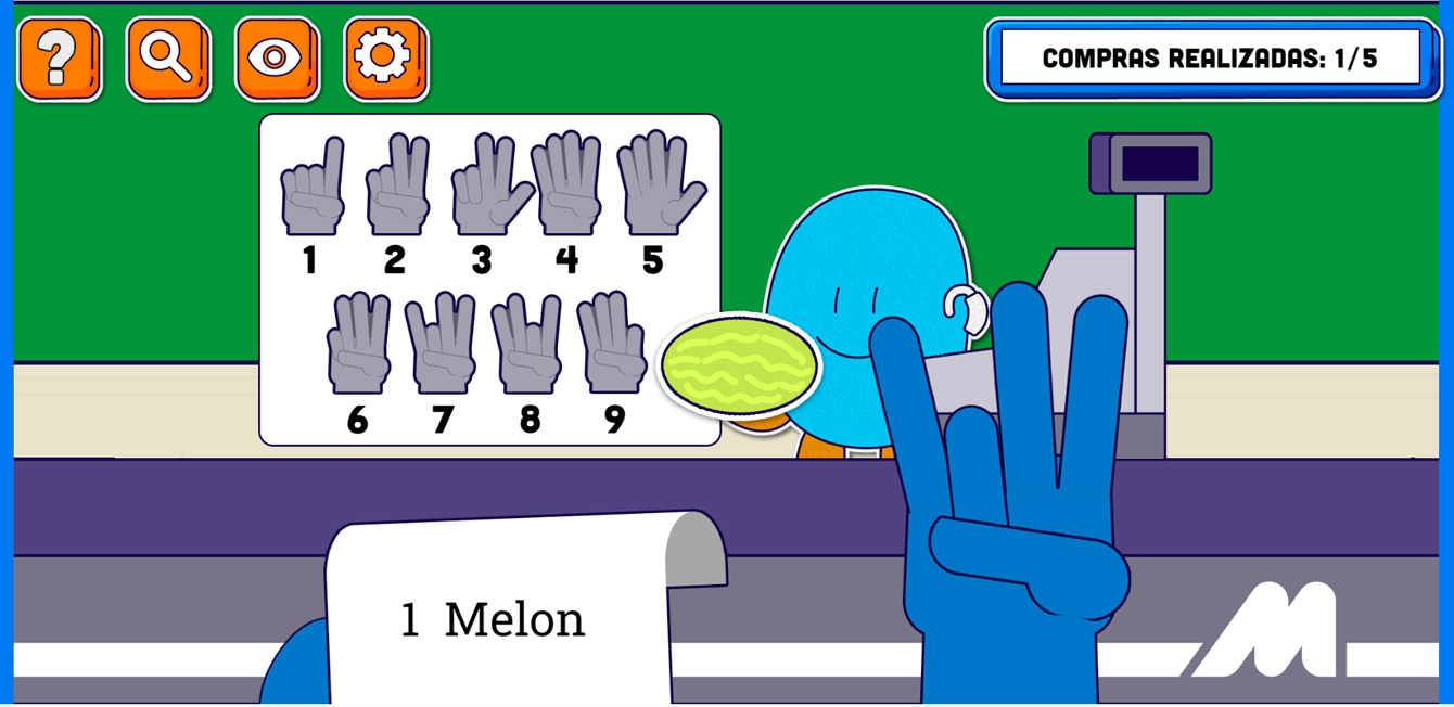 Captura de pantalla del videojuego ONCITY, que muestra a uno de los personajes del juego comprando melones a otro utilizando para ello lengua de signos.