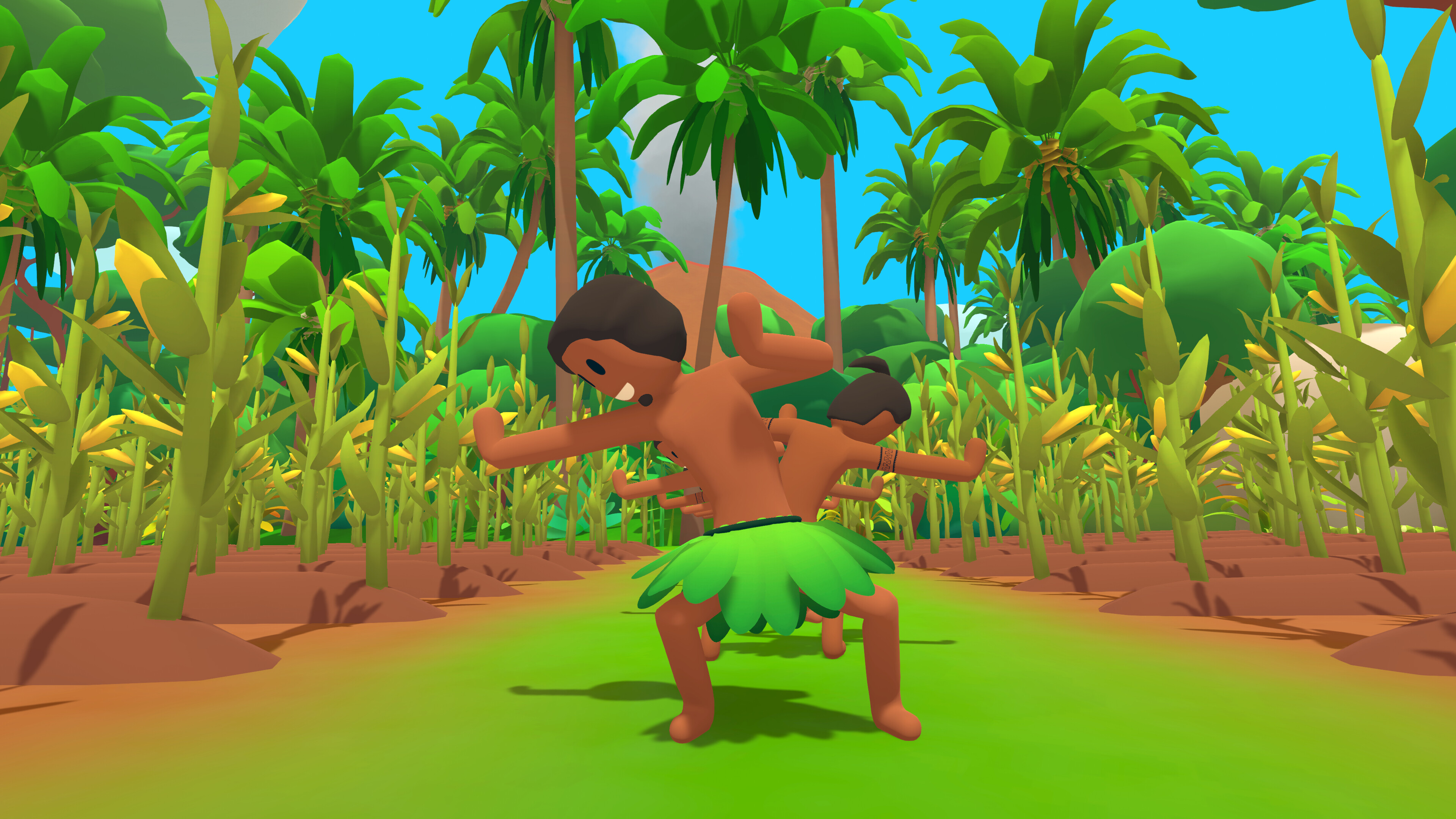 Personajes bailando en una selva