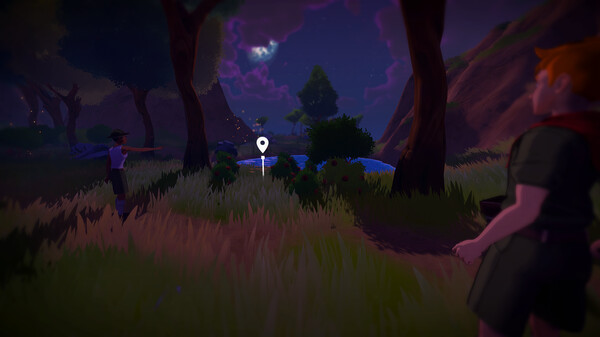 Personaje con un indicador de ubicación en mitad de un bosque de noche