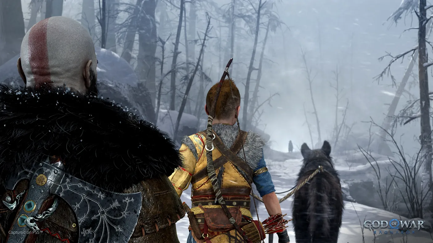 Ampliar GOWR - Kratos, Atreus y un lobo por Midgar